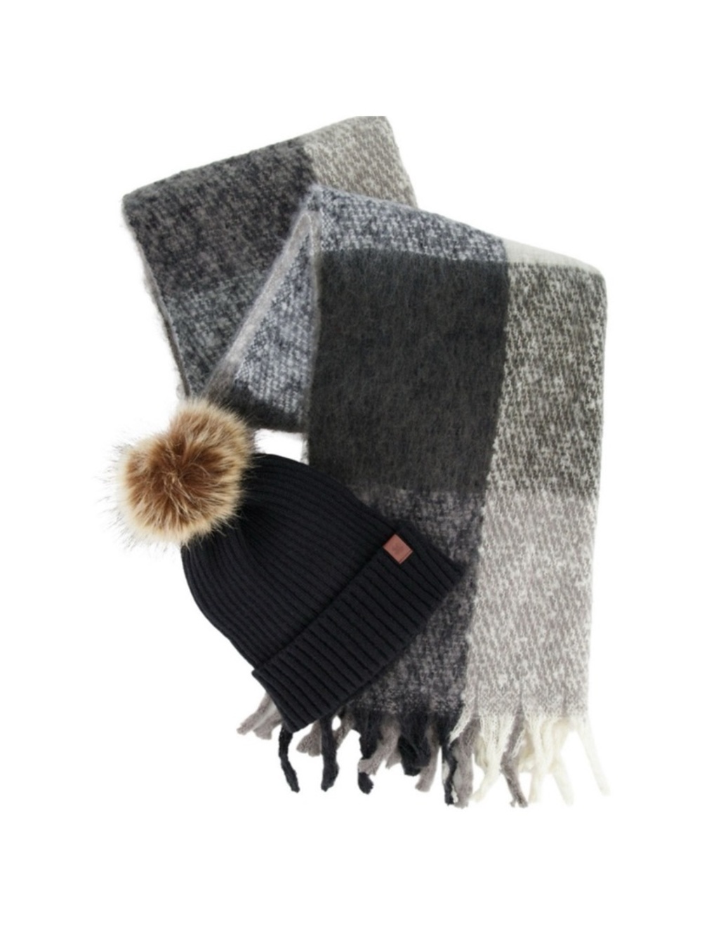 Lucky Brand Hat and Scarf Set Black Ribbed Beanie W/Faux Fur Pom & Plaid Scarf